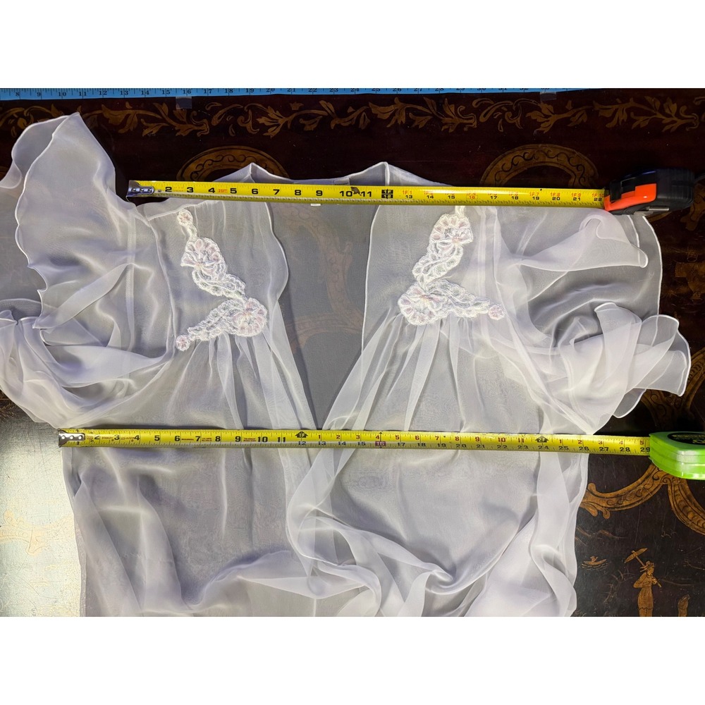 Vintage Enticements Sheer White Chiffon Robe Lace Pearl Ruffle Sleeve Peignoir M - Picture 8 of 16